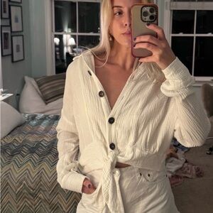 Free People Cream Gauze Button-Up Top with Tie